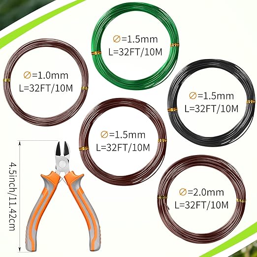 Mudder 5 Roll Aluminum Bonsai Training Wire Tree 160 Feet Total with Bonsai Wire Cutter Anodized Training for Holding Branches Small Trunks(1/1.5/2.0mm,Colorful)
