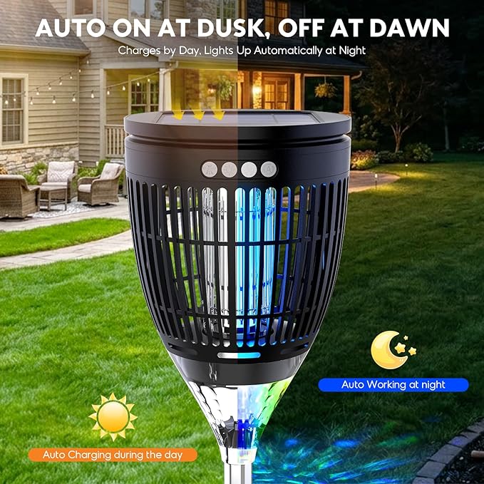 Solar Bug Zapper Outdoor, 4200V 3-in-1 Mosquito Zapper with Flame Light & RGB Projector, Solar Powered & USB Rechargeable, Smart Auto Mode, IP65 Waterproof Mosquito Killer for Yard Garden 2000 Sq Ft
