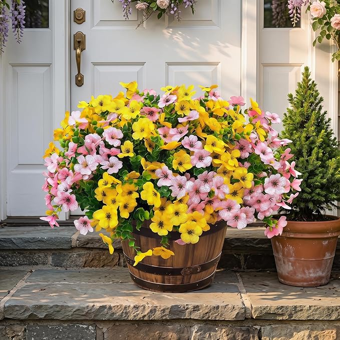 Artificial Flowers for Outdoor Fake Plants for Spring Decoration,Faux Eucalyptus Flowers for Planter UV Resistant Lifelike for Home Porch Garden (Yellow/Pink)