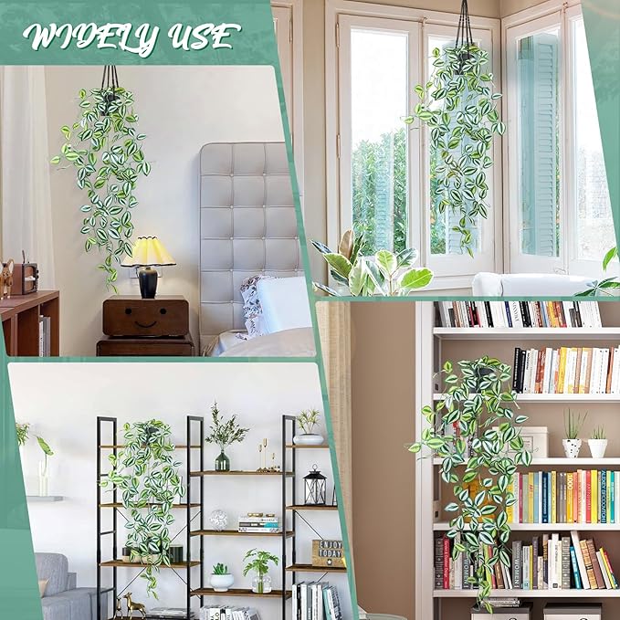 LOYWREE 3 Pack Fake Hanging Plants - Small Potted Plants with Green Eyebrow-Leaf Trailing Vines, Indoor Outdoor Aesthetic Decor for Office, Living Room Shelf & Home Accent (Black Pot)
