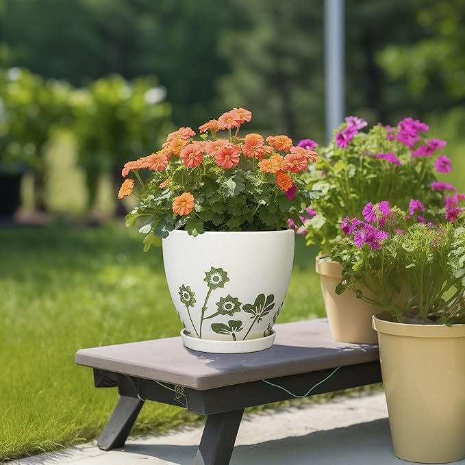 MPotTo 8.2 Inch Plant Pot - Ceramic Planter for Indoor Outdoor Flowers, Boho Round Decorative Indoor Flower Pot with Drainage Hole and Saucer, Gifts for Plant Lovers, Office Garden House Decor, White