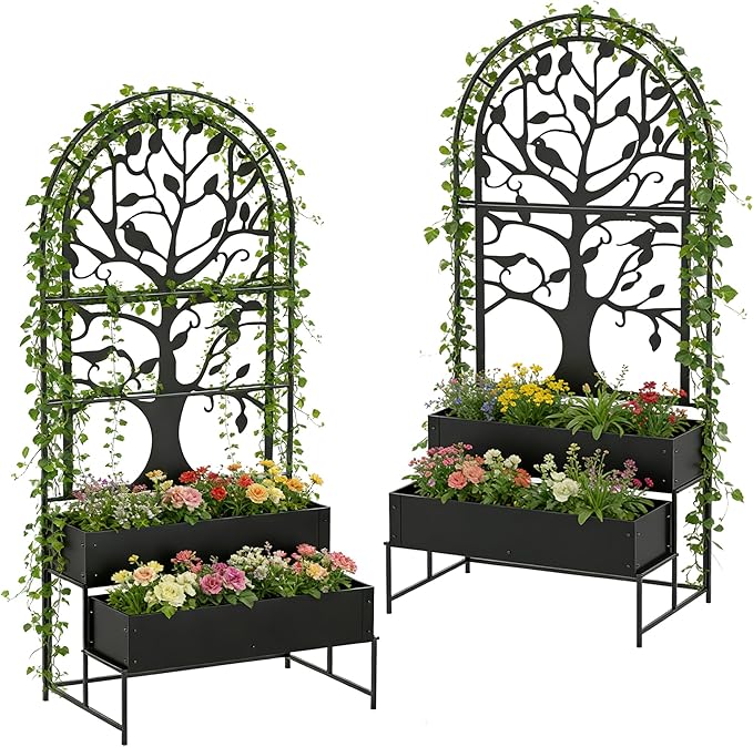 Arched Outdoor Planter Box with Trellis Set of 2 for Climbing Plants, 2 Tiers Metal Privacy Planters for Patio, Raised Garden Bed with Legs, for Vegetables, Balcony, 75.2 x 22 x 34.6 Inch, 2PCS, Black