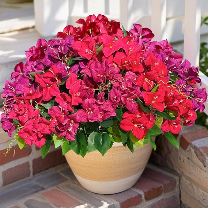 Artificial Bougainvillea Spring Flowers Faux Plants for Outdoors, Fake UV Resistant Look Real Silk Colorful Greenery for Outside Porch Planters Patio Summer Decoration, 8 Bundles