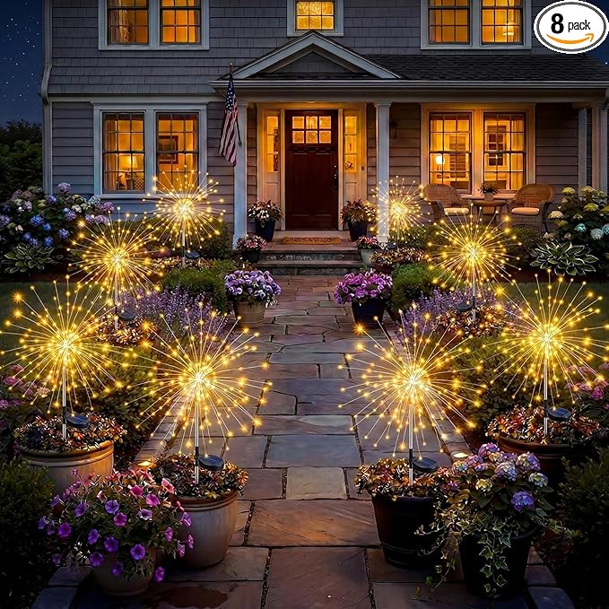 Solar Firework Lights, 8 Pack 120 LEDs 8 Lighting Modes Twinkle Solar Garden Lights Outdoor Waterproof for Yard Patio Walkway Pathway Party Wedding Balcony Decorative - Gifts for Women Mom