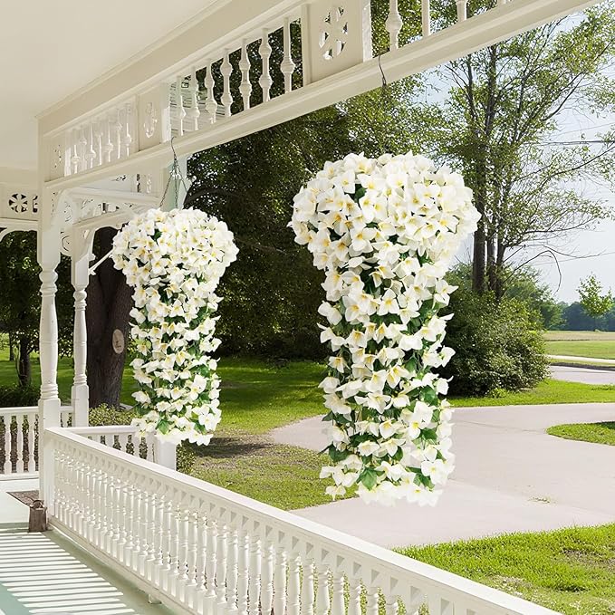 ATTGREAT Artificial Bougainvillea for Outdoors Faux Plants UV Resistant Flowers Fake Plastic Plants Realistic Silk Flowers for Porch Planter Garden Outside Hanging Decoration, 2Pcs (White)