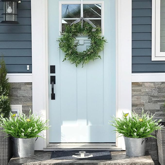 16 Bundles Artificial Outdoor Plants and 2 Pcs Butterfly Stakes Fake Monkey Grass with Flowers UV Resistant Faux Plant Greenery for Outside Planter Porch Patio Garden Window (White)