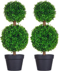 HOMCOM Set of 2 23.6" Artificial Ball Boxwood Topiary Trees with Pot, Indoor Outdoor Fake Plants for Home Office & Living Room Decor
