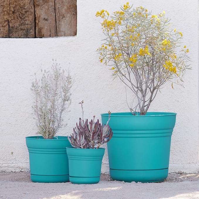 Bloem Saturn 10" Bermuda Teal Round Resin Planter Pot with Snap-in Saucer for Indoor and Outdoor Gardening
