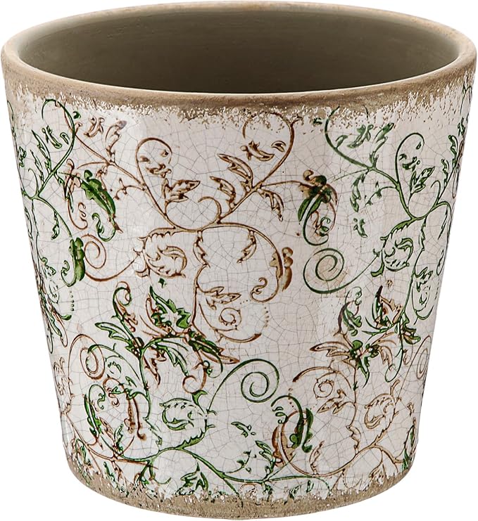 Beeveer Farmhouse Ceramic Planter 5.5 Inch Large Plants Pot Ice Crack Beige Green Floral Vines Plant Pots with Drainage Hole Indoor Plants Kitchen Rustic Antique Decor Gift