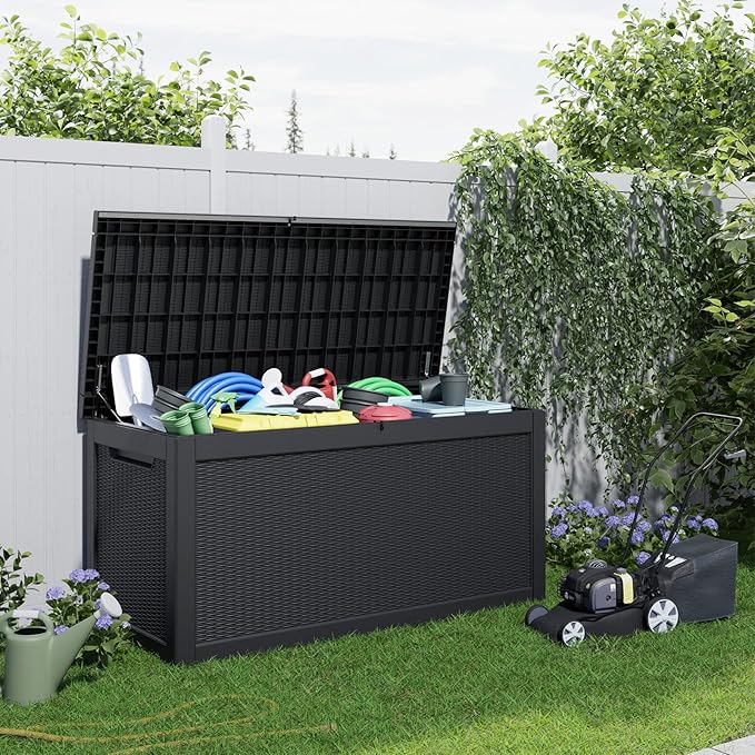 PatioZen 260 Gallon Resin Deck Box, Lockable Patio Outdoor Storage Box for Furniture, Garden Tools and Tools Storage, Waterproof Outside Storage Boxes - Black