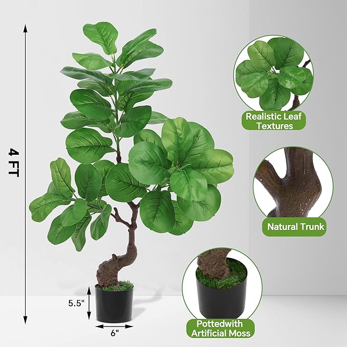 iilitphke Artificial Fiddle Leaf Fig Tree with Black Planter, 4FT Tall Fake Tree with Natural Wood Trunk for Home Decor, Faux Ficus Tree Fake Moss for Indoor Office Living Room