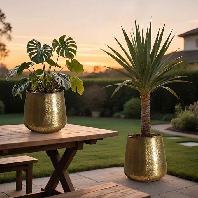 Worth Garden Metal Planters Set of 2, Vintage Gold Round Decorative Containers Flower Pots - Classic Iron Plant Pot for Patio, Front Porch, Indoor Use - Large: 13.5"D x 13.8"H, Small: 9.8"D x 10"H