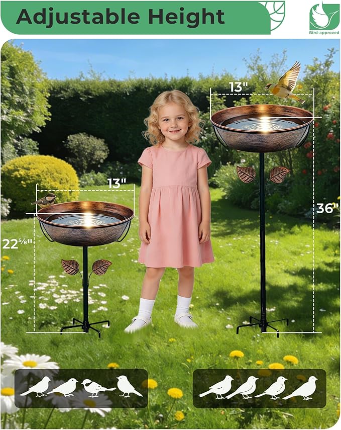 3" Deep Metal Bird Bath for Outdoors, Removable 13" Dia Bowl with Stable Upgrades Stake, Easy to Clean Birdbaths for Garden Yard Lawn Decor 1.4 Gallon