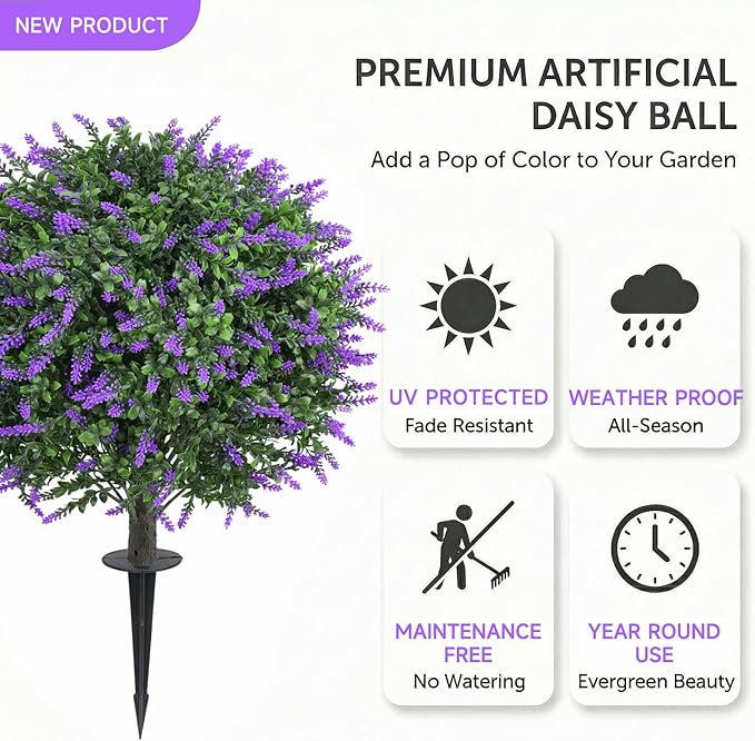 Dense Foliage Artificial Lavender Topiary Ball Trees 24 Inch, 2 Pack UV Resistant Fake Plants Outdoor, Faux Bushes with Ground Spike for Garden, Patio, Porch, Yard Decor