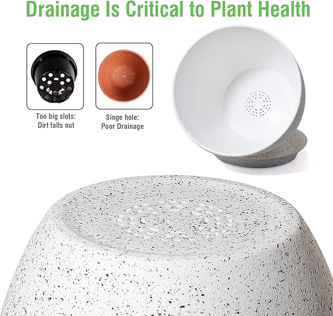 UOUZ 12/10/9 Large Modern Plant Pots, Plastic Planters with Drainage Holes and Saucers for Indoor Outdoor Plants Flowers, White Speckles