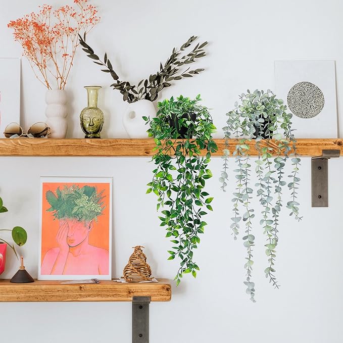 Clearain 2Pcs Fake Plants Hanging Artificial Decorations, Faux Potted Eucalyptus and Pea Pod Plants for Bathroom Home Office Desk Wall Shelf Bookcase Accessories Decor Indoor