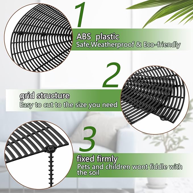 Newtay 6 Pcs Plant Pot Grid Soil Protector Covers Cuttable Flower Protector from Animals Cat Digging Stopper Plant Pot Cover with Stakes for Indoor Outdoor Gardening (20.5 +11.8+7.5 Inch,Black)