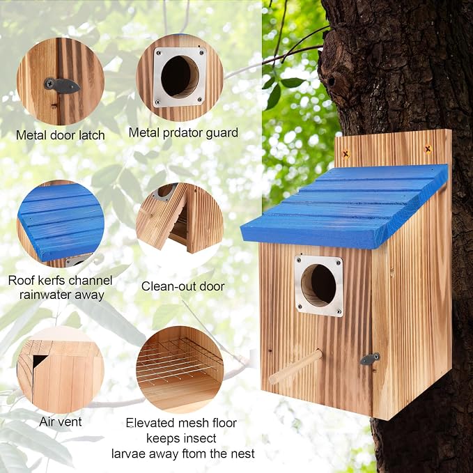 4-Piece Outdoor Bird House Set, Bird Houses for Outside with Metal Guards, Safety Locks, Flight Slots, & Ventilation, Bluebird Houses with 1-1/2" Entrance for Bluebirds, Wrens, Finches-Blue