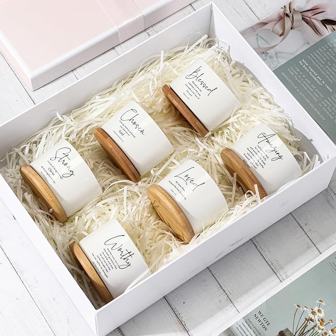 Sieral 6pcs Mothers Day Christian Gift Bible Verse Succulent Pots 3 x 3 x 2 Inch Mini Ceramic Succulent Planters with Bamboo Tray Small Plant Pots Gift for Church Women, Plants Not Included (Bright)