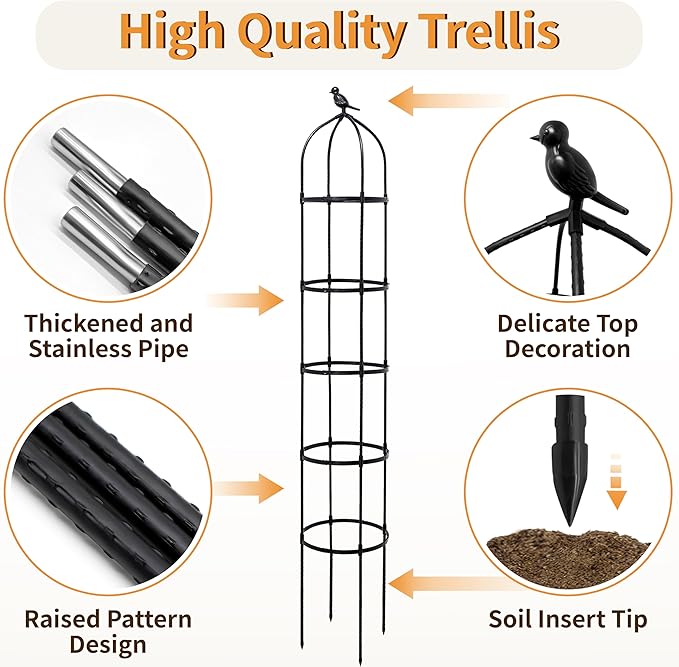 1 Pack Garden Obelisk Trellis for Climbing Plants Outdoor, 6.7FT Adjustable Metal Plant Support with 3 Decorative Tops, Black Rustproof Trellis for Roses, Tomatoes, Clematis & Vines