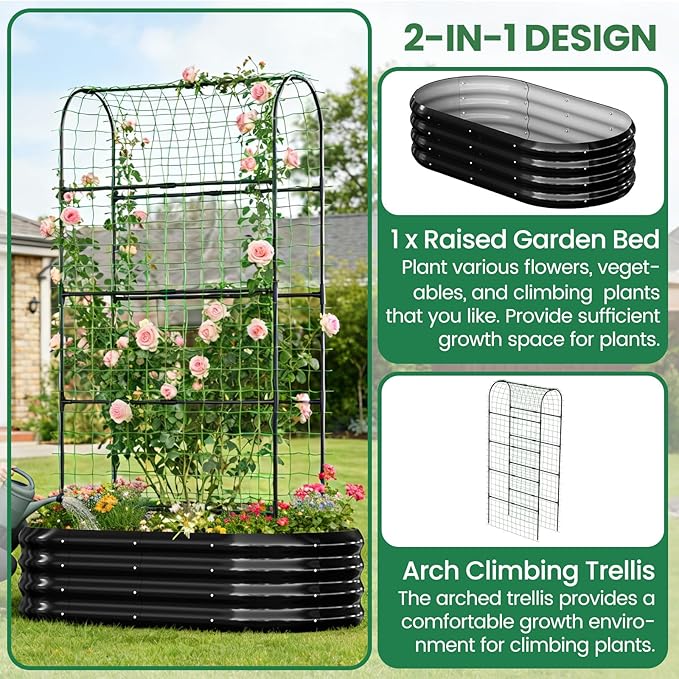 SUNYRISY Galvanized Raised Garden Bed with 71in Arch Trellis for Climbing Plants, Outdoor Planter Box with Climbing Net for Gardening Flowers Vegetables Fruits Herbs, Black