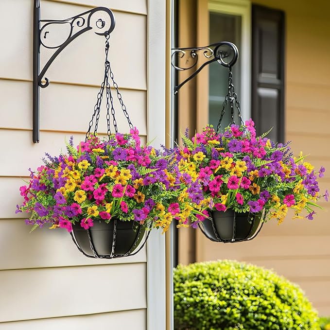 Alupssuc 48 Bundles Artificial Flowers for Outdoors Planters Spring Decoration, UV Resistant Faux Eucalyptus Violet and Lavender Silk Fake Plants for Outside Indoor Yard Home Patio Decor, Mix 3 Colors
