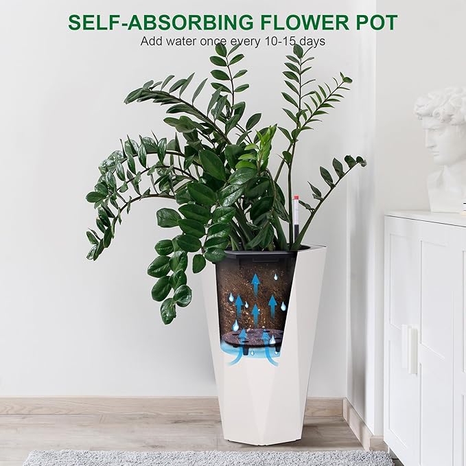 22.4 Inch Tall Planters for Outdoor Indoor Plants Set of 2, Tapered Large Flower Pots with 2 Trays and a Water Level Monitor Planter Pots, Plant Pot for Patio, Balcony, Lounge