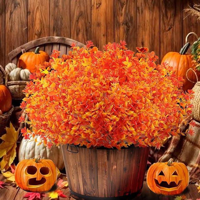 Artificial Fall Flowers for Outdoors, 10 Bundles Faux Flower UV Resistant Fall Fake Mums Plants for Outside Halloween Christmas Porch Decoration Fall Decor(Orange(Eucalyptus))