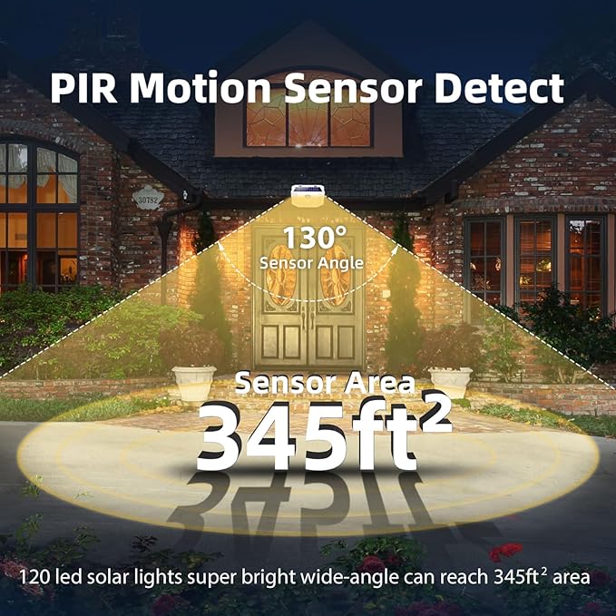 HMCITY 120 LED Solar Lights Outdoor with Motion Sensor and 3 Lighting Modes, IP65 Waterproof Wide Solar Wall Lights Ideal for Garden Patio Yard (Front Button 2Packs, White Shell-Warm White)