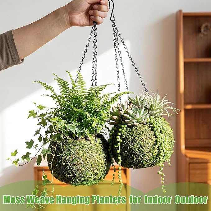 2 Pack 6 Inch Kokedama Moss Ball Planter Orchid Pots Hanging Orchid Planter Basket Moss Ball Hanging Baskets for Plants Outdoor Woven Plant Holder for Indoor Home Garden Balcony Decor