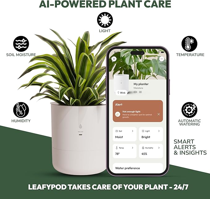 8 Inch Smart Self Watering Planter with WiFi Bridge & App Control – AI Plant Care System with Sensors, Automatic Watering, Alerts – Modern Indoor Planter for Houseplants | Cordless