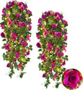 RECUTMS Artificial Hanging Rose Flower Plants Outdoor with 30 LED Fairy String Lights Fake Flowers for House Garden Patio Front Porch Indoor Decor (Purple)