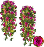 RECUTMS Artificial Hanging Rose Flower Plants Outdoor with 30 LED Fairy String Lights Fake Flowers for House Garden Patio Front Porch Indoor Decor (Purple)