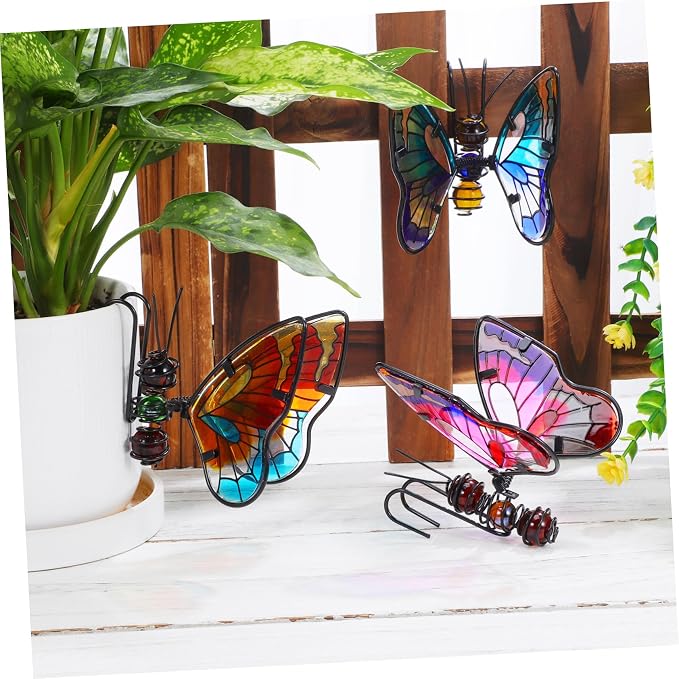 HANABASS 3Pcs Stained Glass Butterfly Plant Pot Hugger Decor - Metal Hanging Flower Planter Ornaments - Outdoor Garden Figurine Art for Potted Plants & Herbs