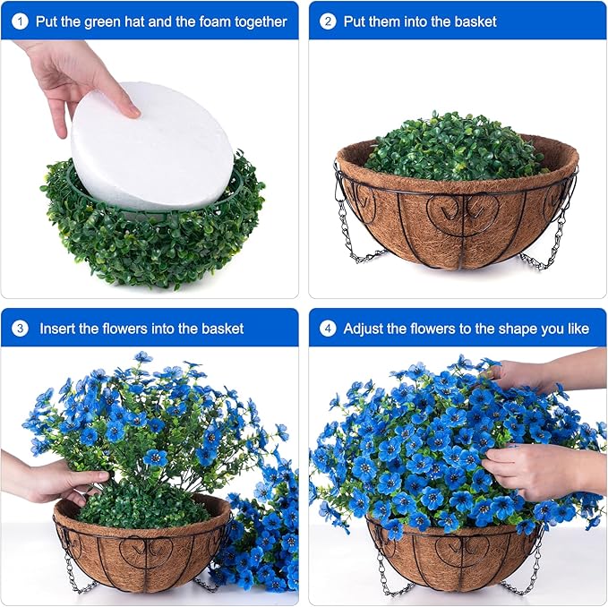 HyeFlora Artificial Fake Hanging Plants Flowers with Basket Outdoor Decor Faux Silk Daisy Flower Arrangements in Pot Planter for Porch Home Indoor Patio Garden Yard Decoration, Blue