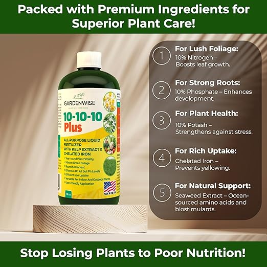 GARDENWISE 10-10-10 All Purpose Plant Food - Liquid Fertilizer with Seaweed Kelp & Iron - Indoor & Outdoor Plant Food, Vegetables, Flowers, Lawn & Garden 1x8oz