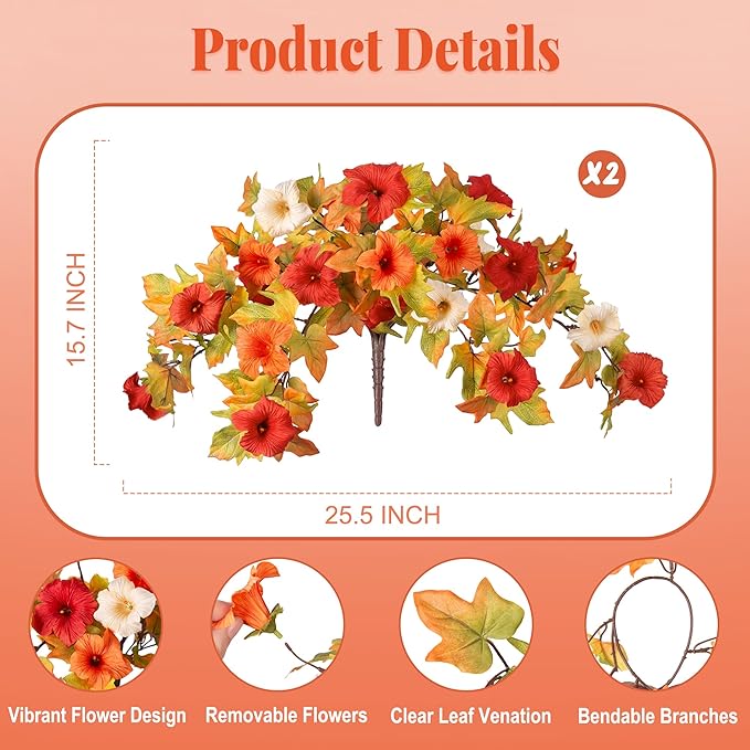 Ammyoo Artificial Fall Flowers Fake Petunias Plants for Outdoor Decoration, 2 Pcs Silk Faux Flowers UV Resistant No Fade Plants for Garden Balcony Yard Porch Realistic Indoor Decor (Orange White)