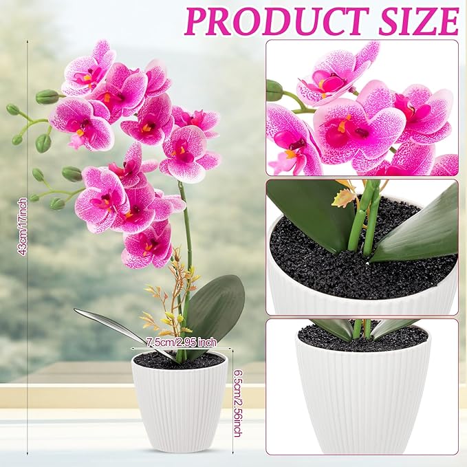 Suncalla 4 Pack 17" Tall Artificial Silk Phalaenopsis Orchid Flower Plant in Pot Purple Potted Orchid Flowers Indoor for Table Centerpieces Arrangements Home Office Wedding Party Decoration