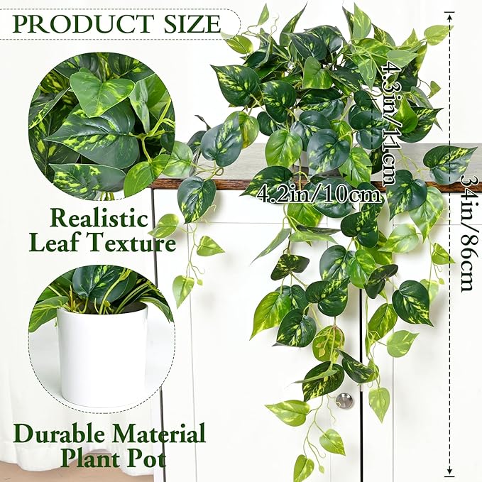 Waipfaru Fake Plants Artificial Plants Indoor, 1Pcs 34" Realistic Artificial Hanging Fake Pothos Vines Ivy Potted, Faux Pothos for Living Room Office Bedroom Bathroom Kitchen Shelves Indoor Home Decor