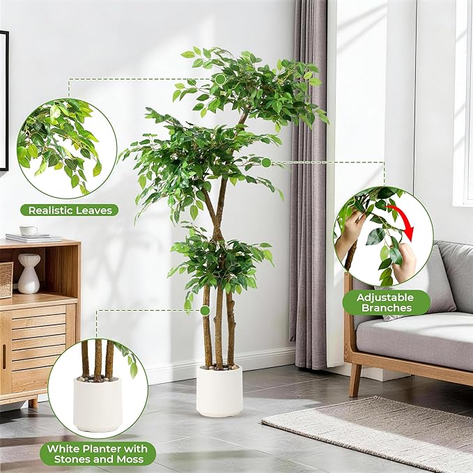 5FT Artificial Ficus Tree with White Planter and Pebbles,Faux Silk Tree with Lifelike Leaves and Realistic Trunk,Tall Fake Potted Plant for Home and Office Décor Indoor and Outdoor (5FT)