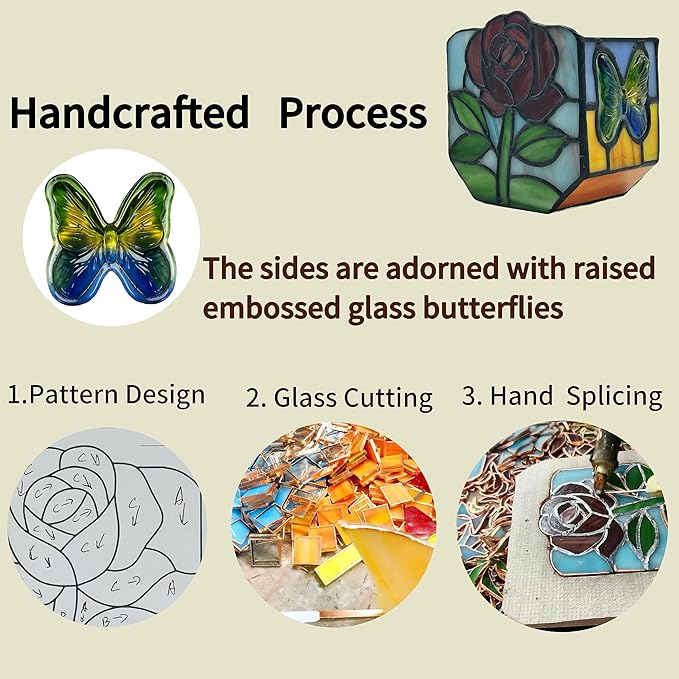 Tiffany Style Stained Glass Rose Planter,Vintage Floral Glass Planter, Candlestick Holder,Unique Home Decor Gift for Women, for Butterfly Enthusiasts, Mother's Day