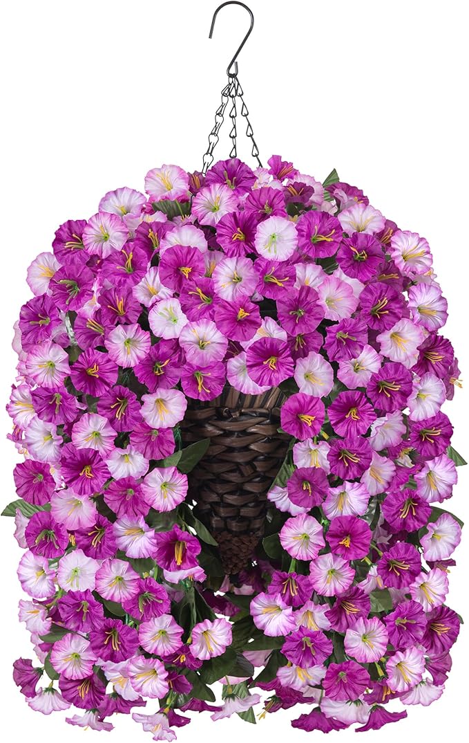 Artificial Fake Flowers Plants Hanging Baskets Outdoor Outside Spring Decor, Faux Silk Light Fuchsia and Fuchsia UV Resistant Look Real Morning Glory Home Patio Porch Balcony Decoration