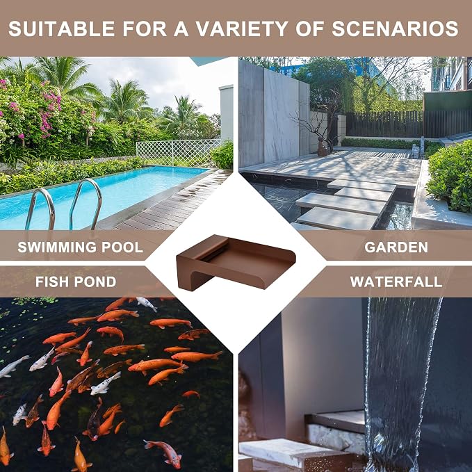 PONDO 304 Stainless Steel Made Exquisite Handcrafted Waterfall Spout for Landscape, Water Fountain Spout Scupper Luxury Decoration for Pools, Ponds, Water Walls (Brown Powder Coating)