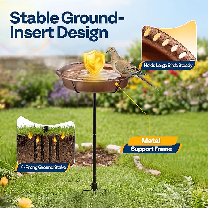 VIVOHOME Oval Bird Bath for Outside, Outdoor Birdbath Bowl with Metal Ground Stake, Weather-Resistant ABS Bird Bath and Feeder for Garden, 1.3 Gallons, Bronze