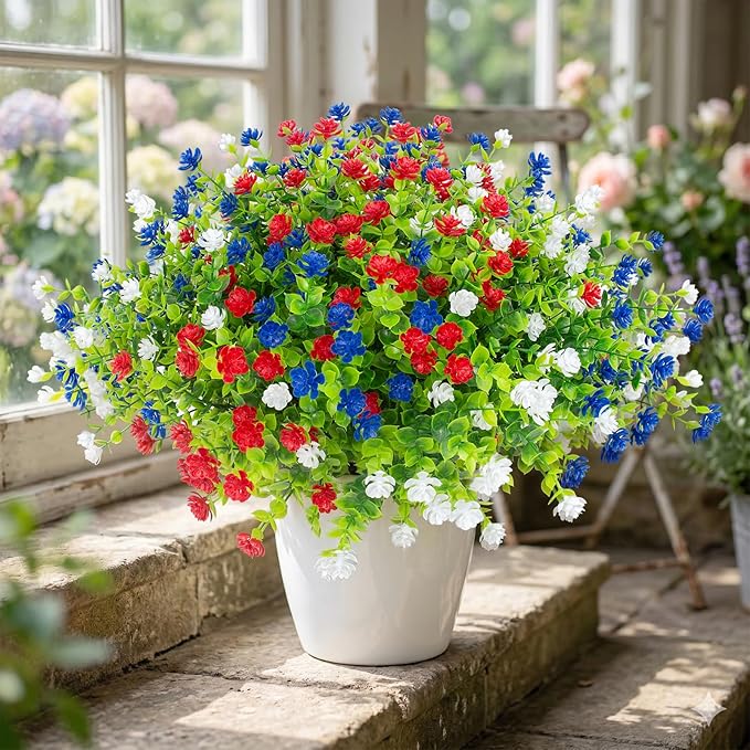 Hananona 48 Pcs Artificial Flowers Outdoor, Faux Artificial Plants UV Resistant Plastic PatrioticFlower for Hanging Planter Porch Window 4th of July Decor (48, Red, White, Blue)