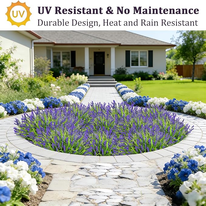 Artificial Flowers Outdoor Faux Lavender & Monkey Grass Fake Plants, UV Resistant for Garden Porch Patio Hanging Planter (12, Purple)