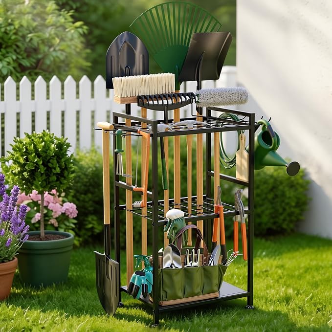 SPACECARE Garden Tool Organizer with Feet, Yard Tower Rack for Garage Organization and Storage, Up to 35 Long-Handled Tools/Rakes/Brooms, Heavy Duty Steel Garden Tool Stand for Shed, Outdoor, Black