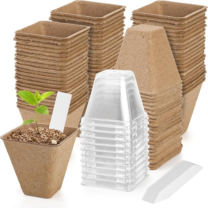 50 Sets 3 Inch Peat Pots, Biodegradable Plant Nursery Pots with Humidity Dome, Seed Starter Pots Kits with 50 Plant Labels for Flower, Vegetable, Herb Seed Germination