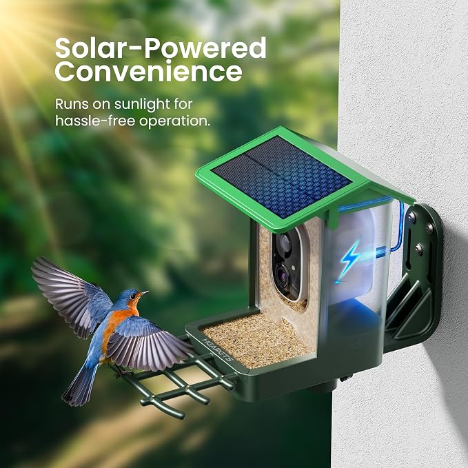 Bird Feeder with Camera Solar Powered 2K HD Video, 10,000+ Species AI Recognition, Real-Time App Alerts, and Weatherproof Design for Effortless Birdwatching, Gift for Father's Day, Grass Green