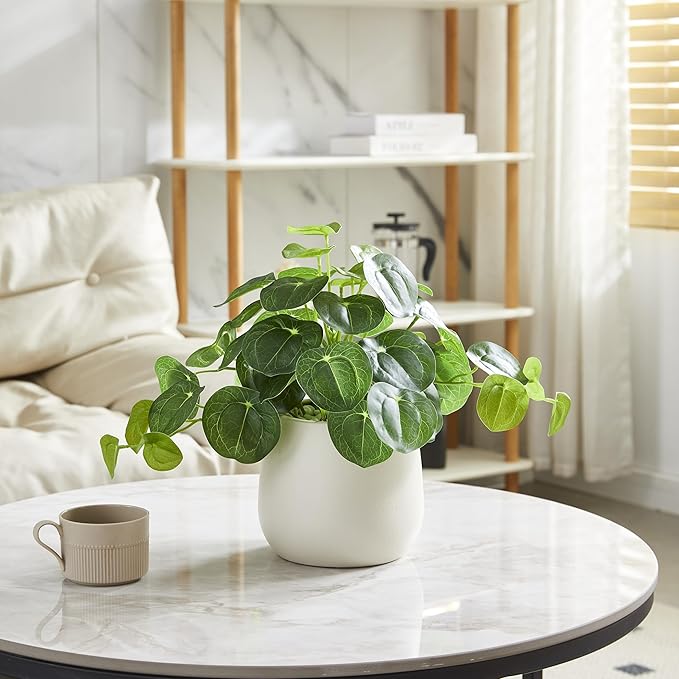 365 Blooming Decor Artificial Pilea Plant – Luxury Potted Money Plant in White Textured Pot with Real Pebbles, Premium Soft Plastic, Pet-Friendly, Realistic Look and Touch, No Assembly